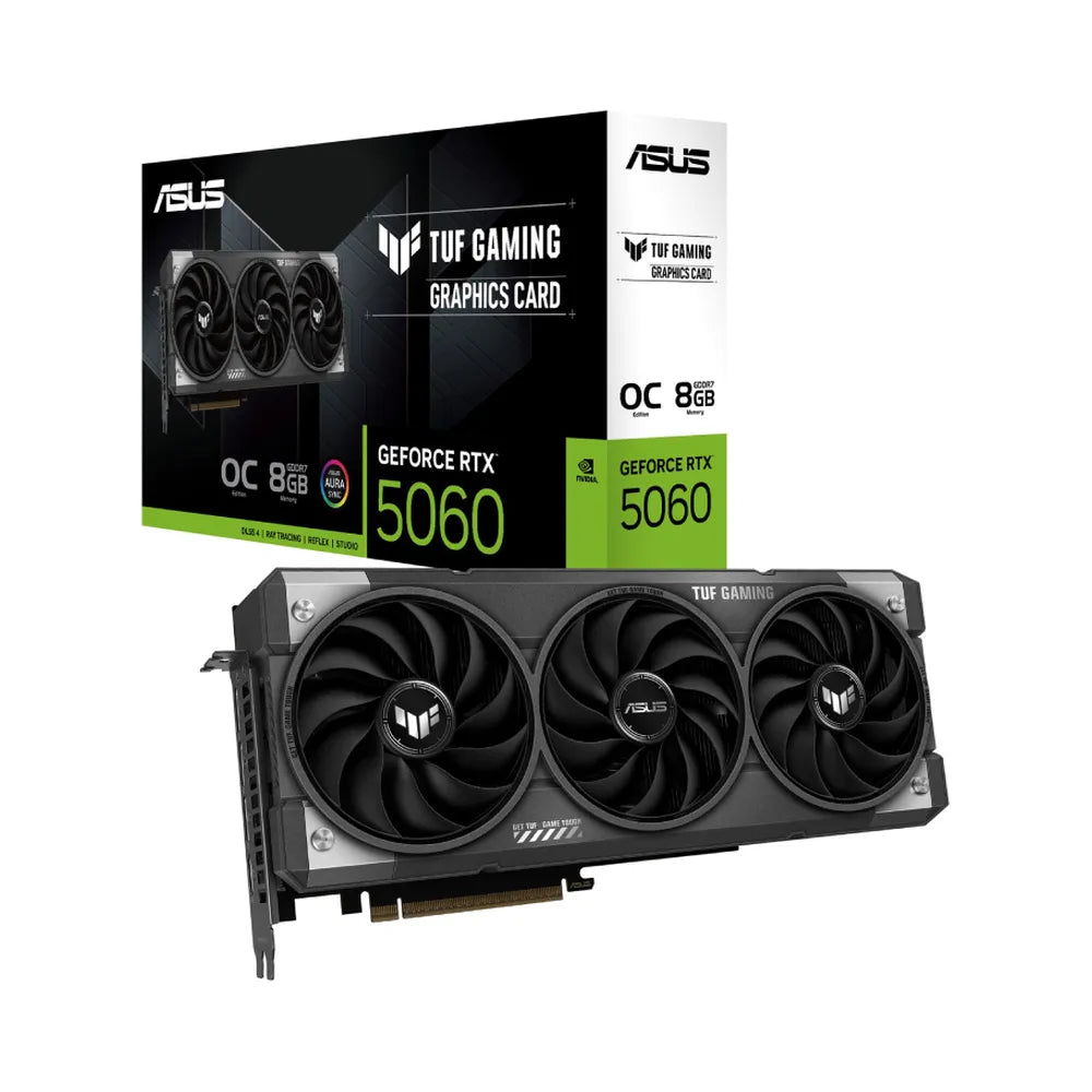 Asus TUF Gaming GeForce RTX 5060 OC Edition Graphics Card, GDDR7 8 GB 128-bit Memory, HDMI 2.1b & DP 2.1b Outputs, PCI Express 5.0, 2677 MHz Core Clock, 28 GBps Memory Clock, 1 Year Warranty | 90YV0N00-M0NA00